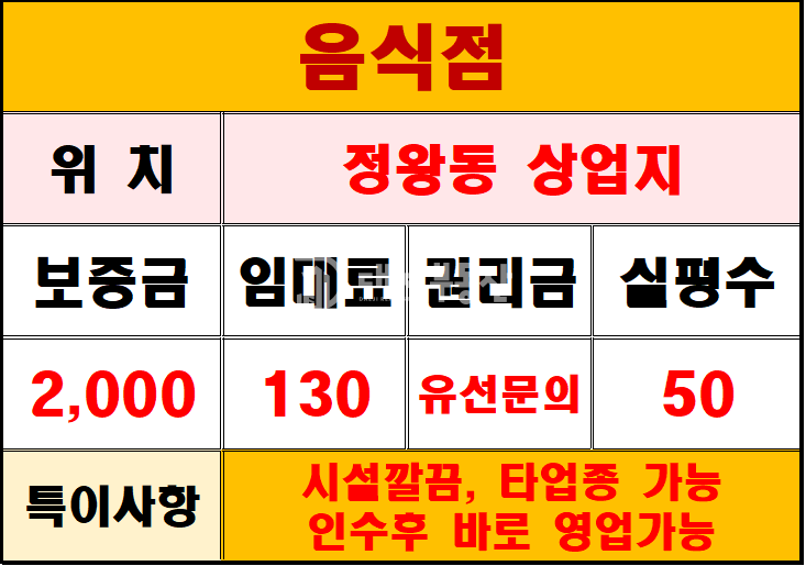 경기 시흥시 정왕동 정왕동 1층 음식점 상가매물 월세 매물번호 10628 사진 1