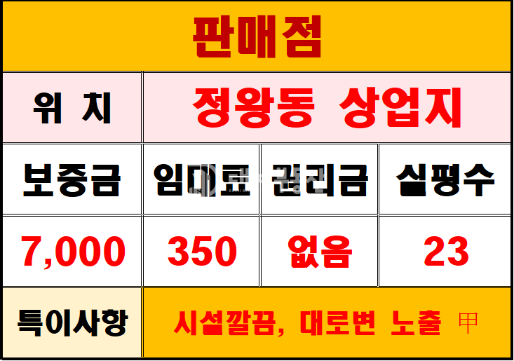 경기 시흥시 정왕동 정왕동 대로변 방향 시설 깔끔하하고 시설권리금 없는 상가 임대매물 월세 매물번호 10908 사진 1